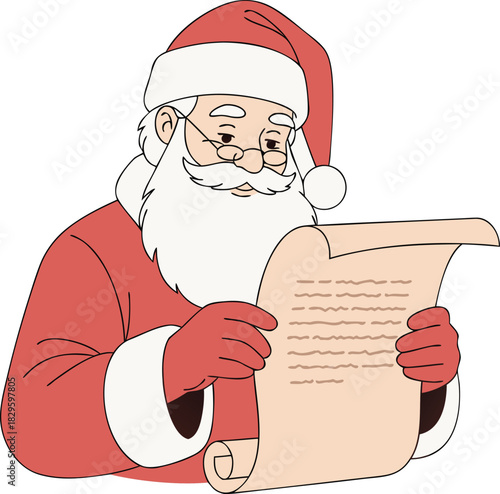 A classic cartoon illustration of Santa Claus with glasses, carefully reading and checking a long scroll, his naughty or nice list for Christmas