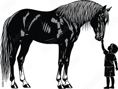 Silhouette of child touching horse face, black vector illustration, animal interaction, trust moment, gentle connection, outdoor scene