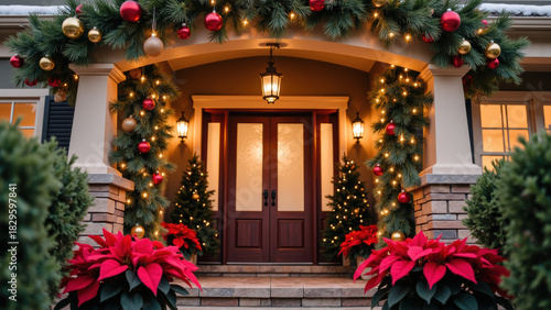 Beautifully decorated entrance adorned with festive greenery, red and gold ornaments, and vibrant poinsettias, creating warm holiday atmosphere