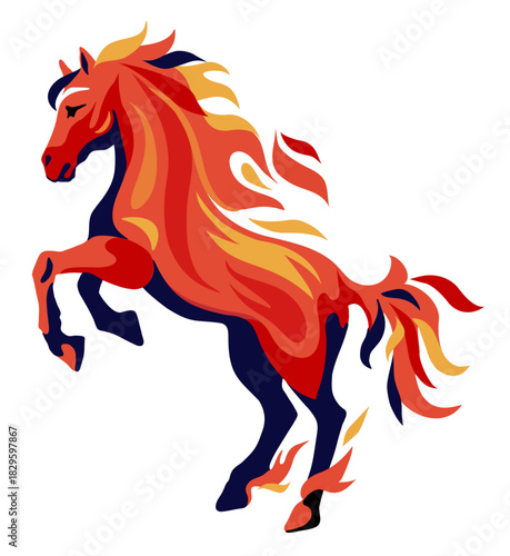 Fiery horse. Year of the horse with burning fire concept on a white background. The horse reared up