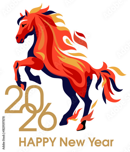 Fiery horse isolated on a white background. Year of the horse with burning fire concept on a white background. New year 2026. Happy New Year!