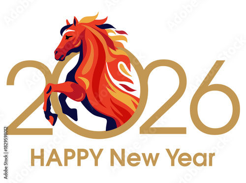 Horse Year 2026 New Year's. Features fiery horse art on white background, ideal for New Year wishes