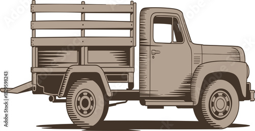 Vintage Farm Pickup Truck Engraving Vector Illustration, Retro Flatbed Delivery Vehicle Sketch, Agriculture and Rural Transportation Graphic Design Element
