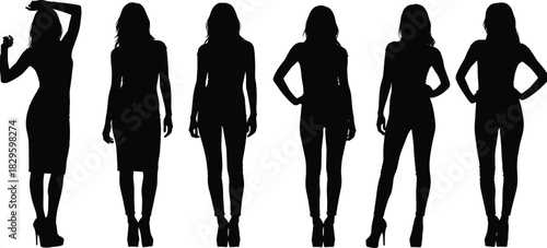 Vector collection of six standing women silhouettes, black fashion models posing, isolated female figures set on white background, young ladies.