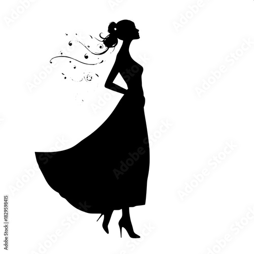 “Artistic silhouette of a stylish woman in a flowing dress, depicted purely in black. She stands with a serene posture, head turned slightly, releasing delicate floral swirls. Clean minimalist design.