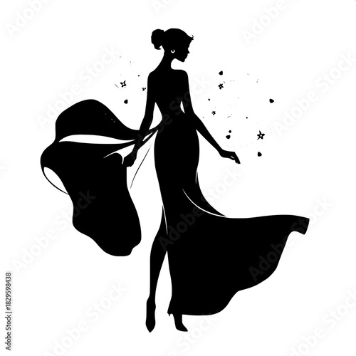 “Artistic silhouette of a stylish woman in a flowing dress, depicted purely in black. She stands with a serene posture, head turned slightly, releasing delicate floral swirls. Clean minimalist design.