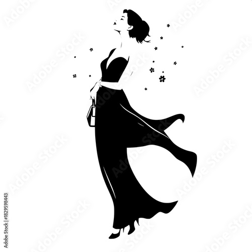 “Artistic silhouette of a stylish woman in a flowing dress, depicted purely in black. She stands with a serene posture, head turned slightly, releasing delicate floral swirls. Clean minimalist design.