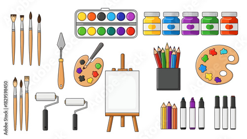 Illustration of art supplies including paints, brushes, pencils, and an easel.
