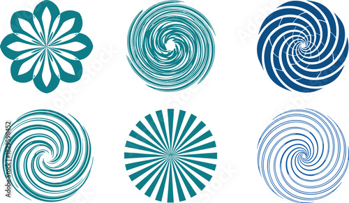 Abstract circular icon vector illustration, spiral, vortex, radial burst, flower loop, geometric pattern set for design and branding