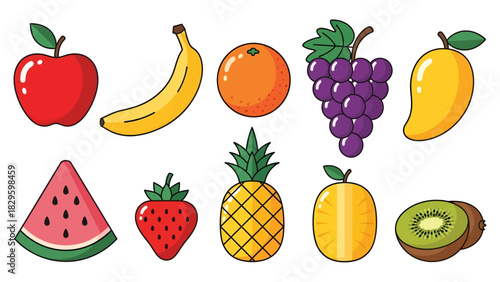 Cartoon illustration of various fruits including apple, banana, grapes, and watermelon.