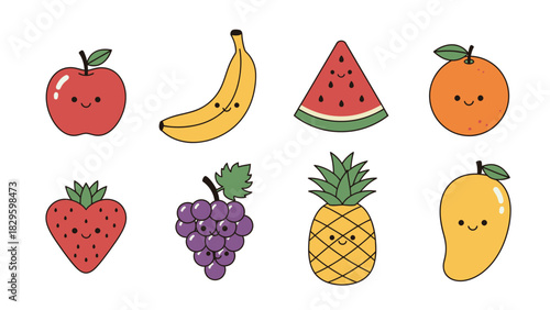 Cartoon illustration of various fruits including apple, banana, watermelon, orange, strawberry, grapes, pineapple, and mango.