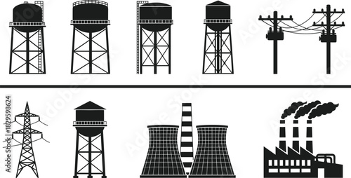 Industrial infrastructure silhouettes, water towers and utility poles, high-voltage transmission tower, cooling towers with smokestack, factory skyline with smoke, vector illustration