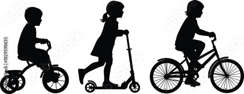 Silhouette of children riding tricycle, scooter, bicycle, black vector illustration, mobility progression, balance skills, outdoor activity