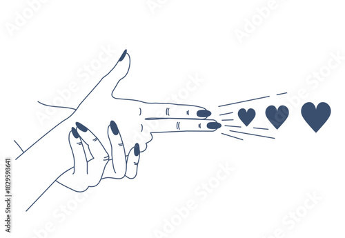 A hand making a shape of a hand gun. Gun hand gesture with heart. illustration of a woman's hand shoots in a minimalist trend style. For t shirt prints, web, banners, postcards, posters