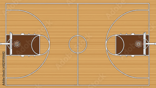 Basketball court vector illustration, top-down layout, wooden floor design, sports planning graphic, symmetrical markings, coaching and training concept