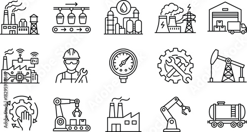 Industrial engineering and manufacturing icons collection featuring factory automation, production equipment, oil extraction, logistics, maintenance 