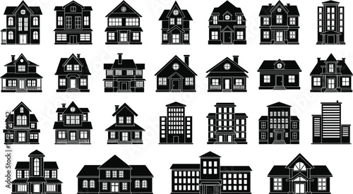 Black-and-white building icon set, residential and commercial architecture silhouettes, urban planning vector, diverse home and office styles