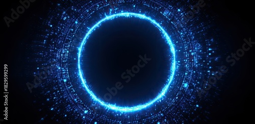 A glowing blue ring, surrounded by a complex pattern of light and a dark void in the center