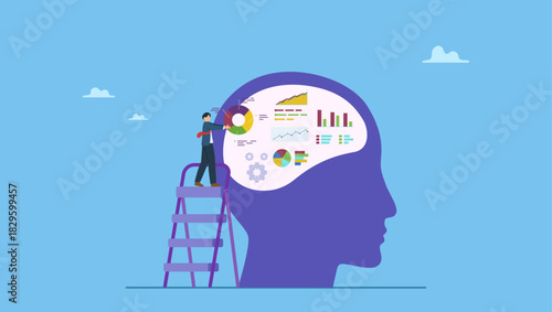 Businessman put graph diagram report on human head brain. Data scientist, research information or data analysis, intelligence info or knowledge to analyze report, big data or genius.