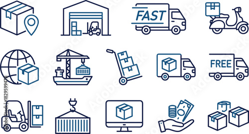Logistics and delivery service icons illustrating shipping, warehousing, transportation, global distribution, cargo handling, package tracking, and courier solutions in clean modern line style