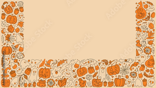 A halloween themed border with pumpkins ghosts spiderwebs and candy corn on a beige background color