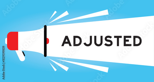 Color megaphone icon with word adjusted in white banner on blue background
