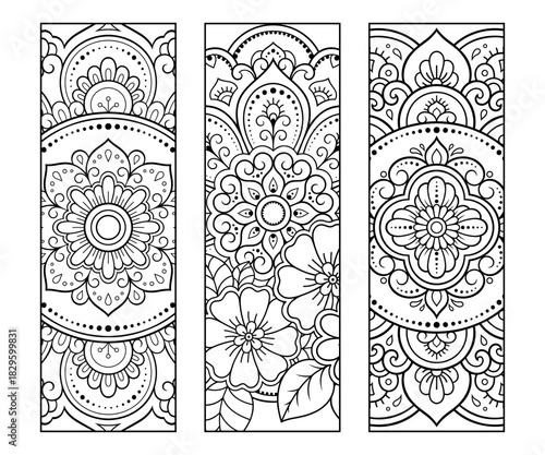 Printable bookmark for book - coloring. Set of black and white labels with flower patterns, hand draw in mehndi style. Sketch of ornaments for creativity of children and adults with colored pencils.