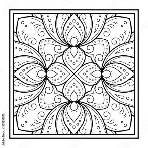 Decorative pattern of flowers and paisley for printing on fabric. Ornament for a bandana, a silk neckerchief, a tablecloth or a kerchief. Square sketch in tribal or oriental style.