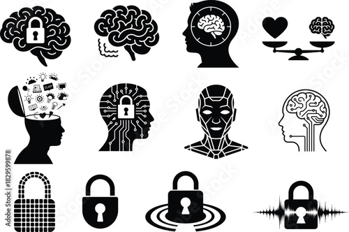 Brain security and mental health concepts in black and white