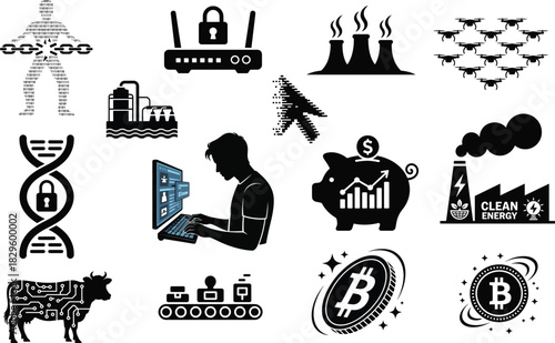 Diverse technology and industry icons in black and white