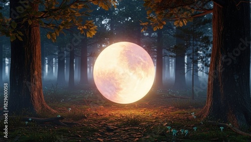 A mystical, glowing orb floating in a dense, foggy forest with mushrooms and trees in the foreground and background.