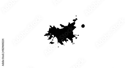 Abstract black ink splatter with a small surrounding dot on white background, minimalist art texture.