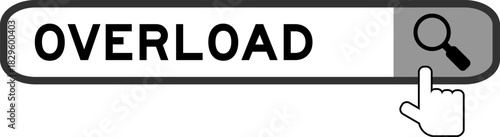 Search banner in word overload with hand over magnifier icon on white background