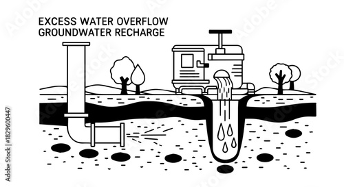 Illustration Explaining Excess Water Overflow and Groundwater Recharge Processes in a Subsurface Landscape.