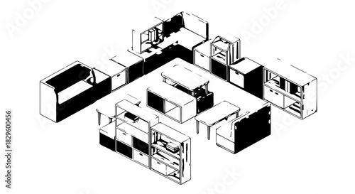 Isometric diagram of modular shelving and retail layout with display units.