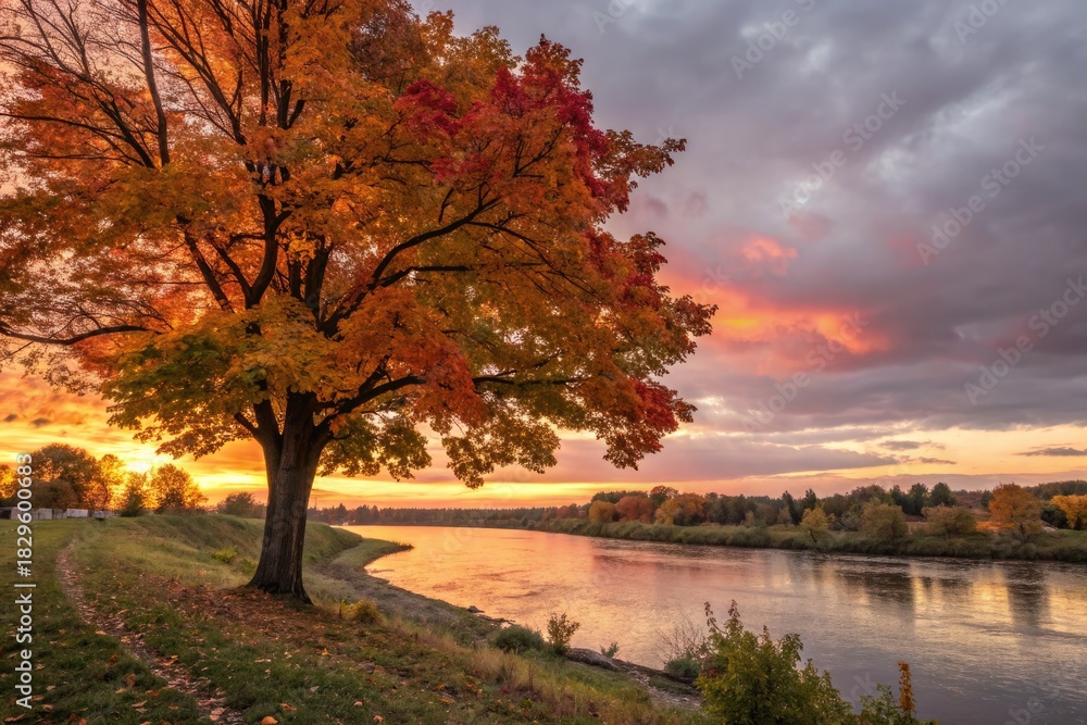 Fototapeta premium Vibrant Autumn Sunset by the River With Colorful Trees and Peaceful Scenery