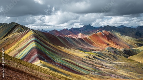 Colorful andean mountain landscape featuring the vibrant layered slopes of vinicunca rainbow mountain in the cusco region of peru under clear high-altitude skies