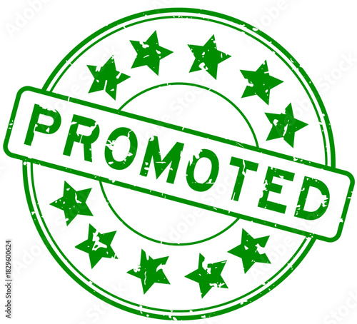 Grunge green promoted word with star icon round rubber seal stamp on white background