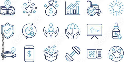 Modern finance, insurance, travel, rewards, and business concept line icon collection featuring money, protection, analytics, wellness, mobility, and digital services
