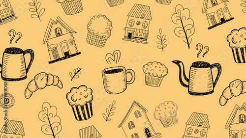 A seamless pattern with hand drawn houses, coffee mugs, croissants, and muffins on a yellow background
