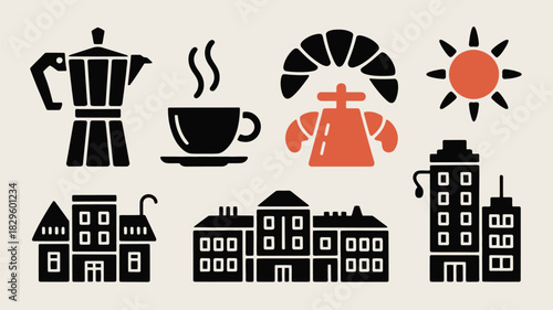 A flat vector illustration of a city scene with coffee, croissant, and buildings in a simple style