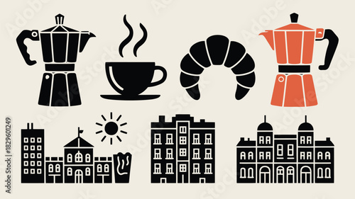 Graphic illustration of coffee pots, croissant, coffee cup, and city buildings on a beige background