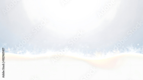 Fototapeta Naklejka Na Ścianę i Meble -  : A serene, soft blue and white landscape featuring gentle snow dunes and a bright horizon with falling snow.