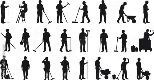 Set of 24 black worker silhouettes performing cleaning and maintenance tasks, janitorial tools, ladders, mops, brooms, buckets, wheelbarrows, vector icons