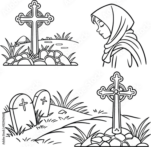 Line art cemetery scene with crosses and grieving woman