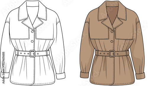 CAD drawing flat vector illustration, belted women jacket sketch, fashion design template, stylish coat with lapel collar, buttons