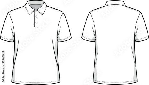 Cad drawing flat vector illustration, classic polo shirt technical sketch, short sleeve fashion design, front and back apparel template