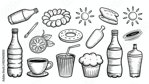 A black and white sketch of assorted food and drink items including bottles, pastries, and fruit drawings