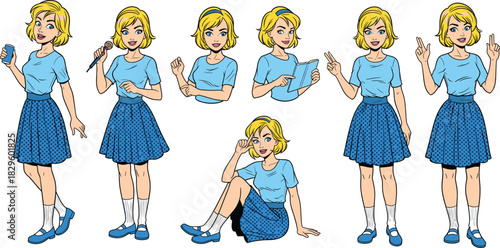 Cartoon blonde woman character set, girl with microphone and phone, happy female poses, sitting and standing woman illustration