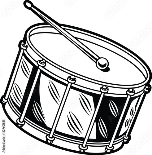 Black and white illustration of a snare drum with a drumstick
